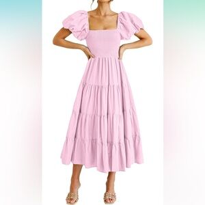 Pretty Garden Women’s Puff Short Sleeve Smocked Square Neck Midi Tiered Dress